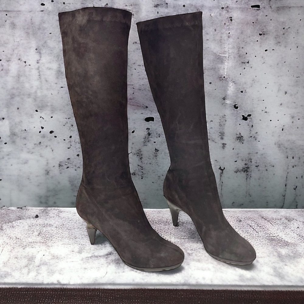 Robert Clergerie Tall Dark Brown Stretch Suede Heeled Sock Boots Size 8.5